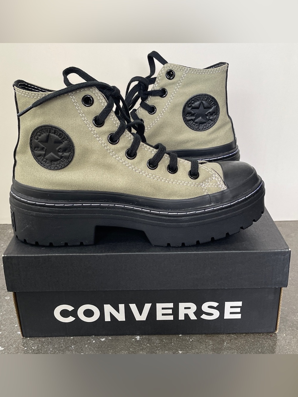 Converse Women's Platform High Top in Olive with Black Accents. Custom style.